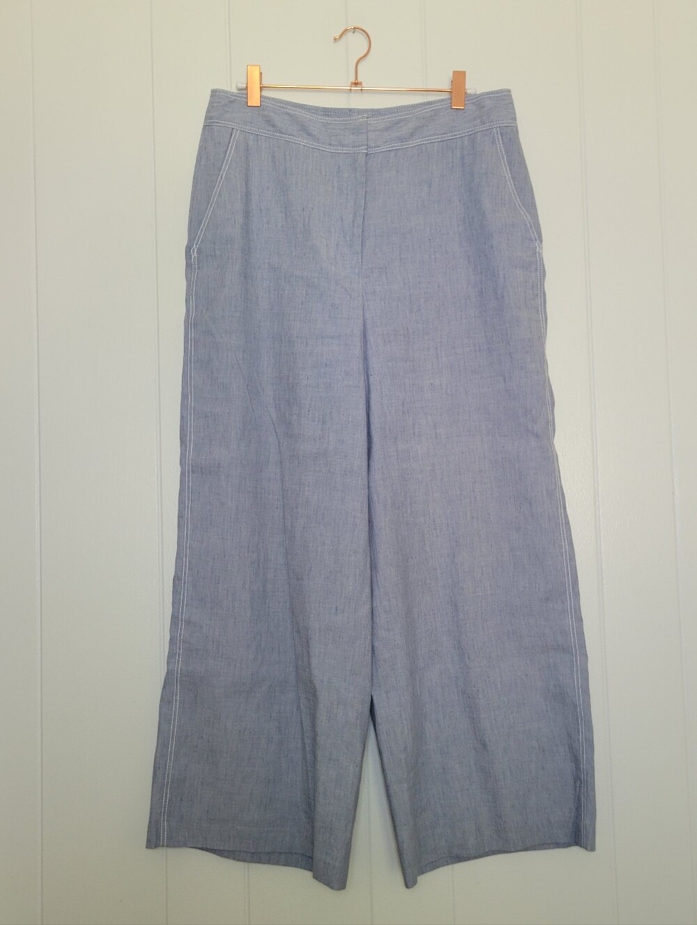 Halogen Linen Blend Cropped Wide Leg Pants Light Blue High Waist Chambray 10